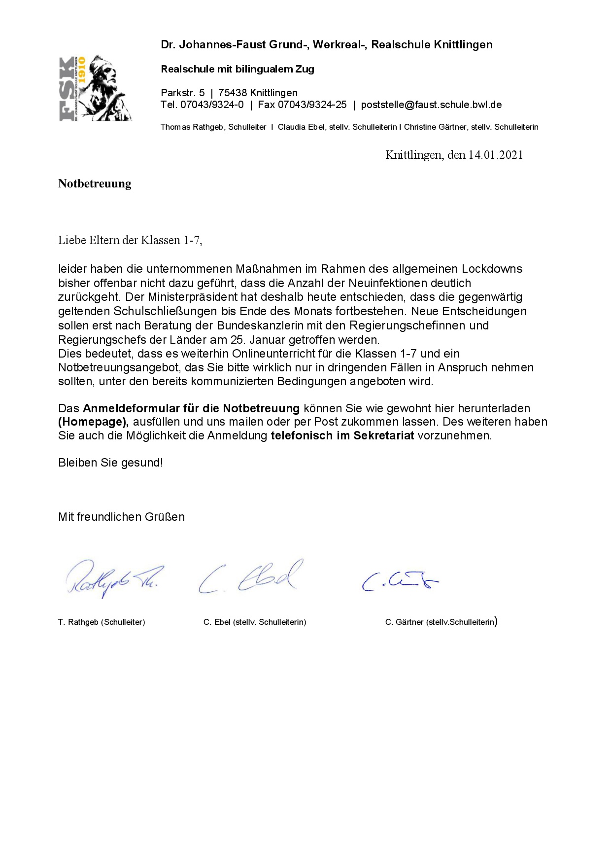 Notbetreuung 18.01.2021 -29.01.2021