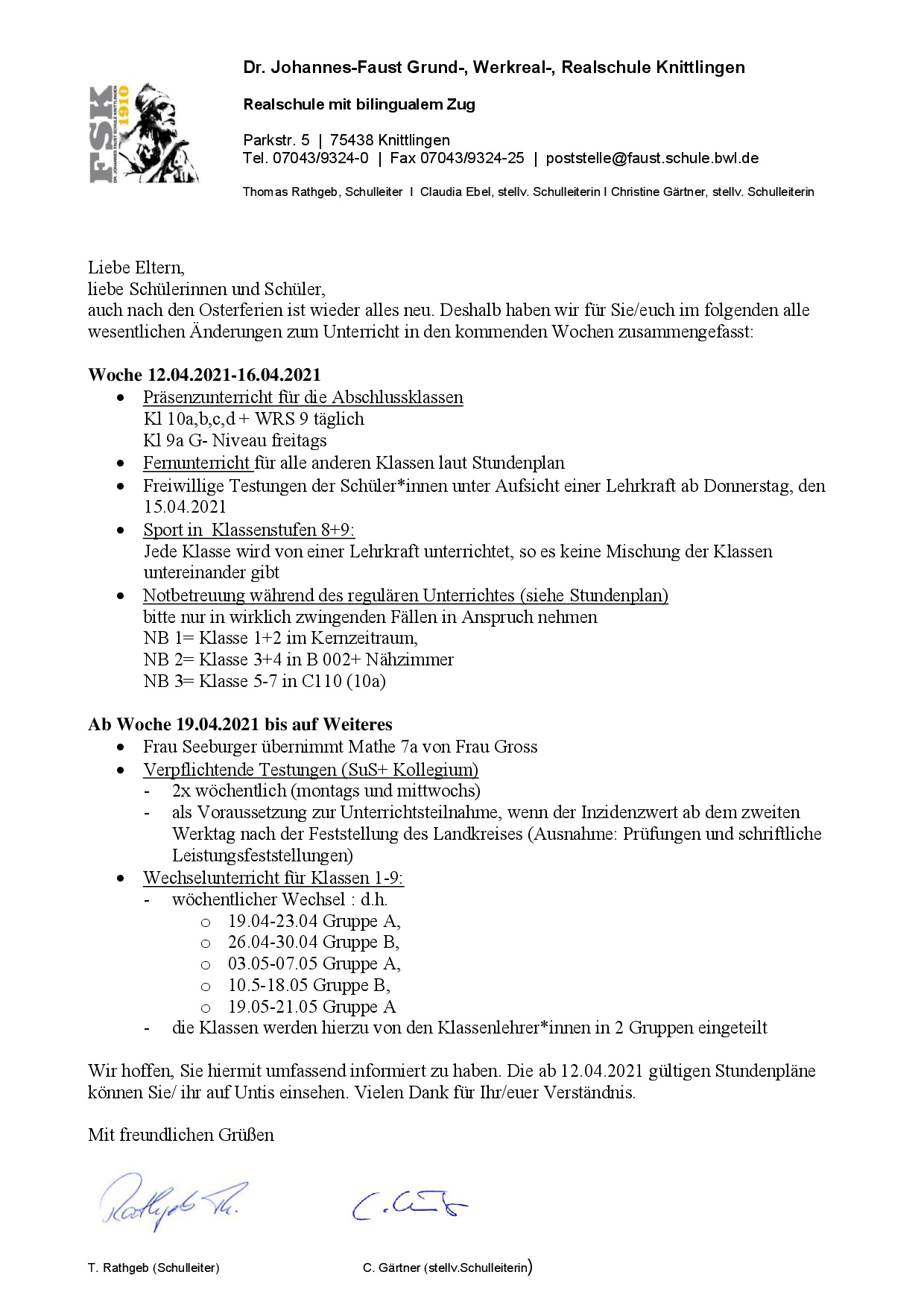 12.04.2021 Unterricht ab 12.04.2021