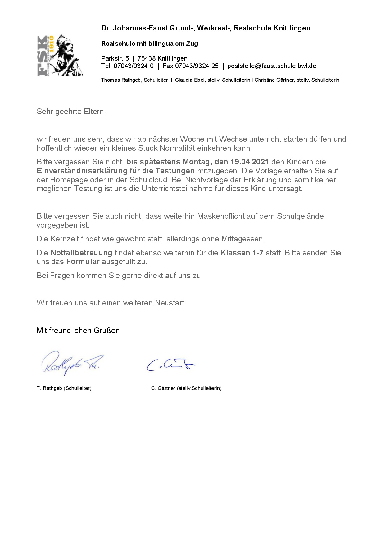 Unterricht ab 19.04.2021